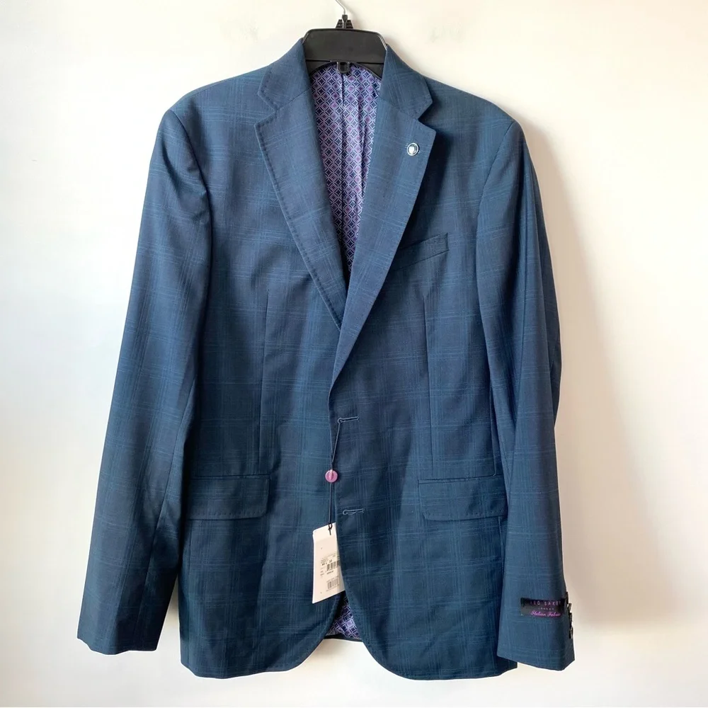 Ted Baker Endurance Roger Extra Slim Fit Wool Suit Jacket Teal Blue Plaid 40L‎